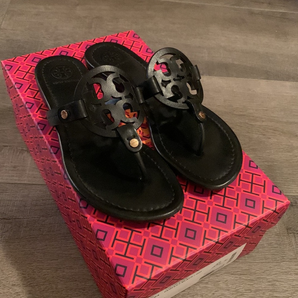 Tory Burch Womens Miller Calf Leather Sandal Size 6.5 in Perfect Black